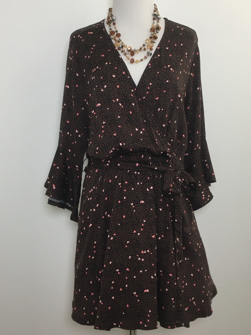 Torrid | Brown Faux Wrap Top with Pink Hearts